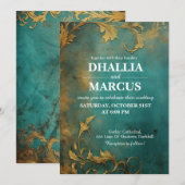 ゴシック フローラル ティール アンド ゴールド 招待状 (正面/裏面)