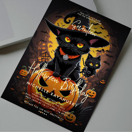 ゴシック ブラックキャット ウィッチ ハロウィン 誕生日パーティー 招待状