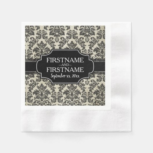 ゴシック ブラックレースとパーチメントの結婚記念日 縁ありカクテルナプキン (正面)