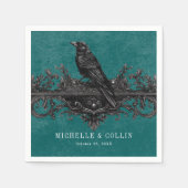 ゴシック ブラック ラヴェン & ブラック ローズ ティールグリーンのウェディング スタンダードカクテルナプキン (正面)