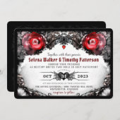 ゴシック·レッド·バラ·クモ·ハロウィ結婚ーンズ 招待状 (正面/裏面)