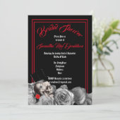 ゴシック、ロックまたはバイカーの黒と赤の結婚前お披露目パーティー 招待状 (スタンド正面)