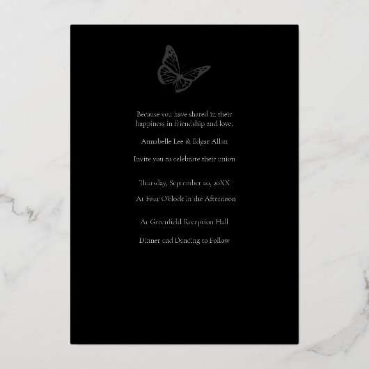ゴシック(昆虫)オオカバマダラ、モナークフォイル結婚式招待状 箔招待状 (裏面)