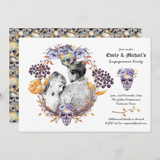 ゴシックPHOTO結婚の/婚約紫スカル 招待状 (正面/裏面)