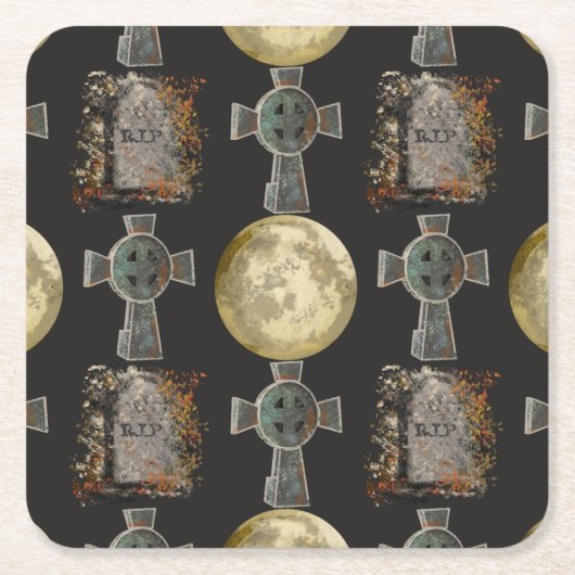 ゴシックR.I.P.ヘッドストーンセルティッククロスフルムーンアート スクエアペーパーコースター (正面)