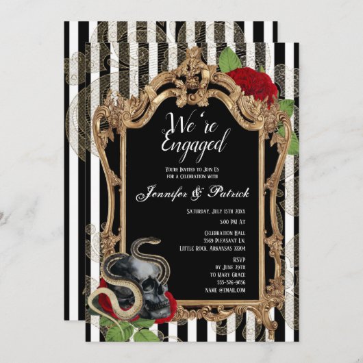 ゴシッビクトリアンクブラックストライプ婚約パーティ 招待状 (正面/裏面)
