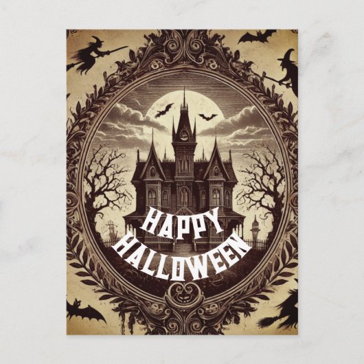 ゴシッビクトリアンク幽霊のよく出るハウスハッピーハローウィン シーズンポストカード (正面)
