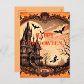 ゴシッビクトリアンク幽霊のよく出るハウスハッピーハローウィン シーズンポストカード (正面/裏面)