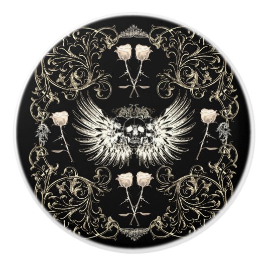 ゴシッビクトリアントロマンススカルウィングス&ホワイトローズ セラミックノブ (正面)