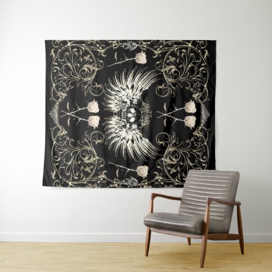 ゴシッビクトリアントロマンススカルウィングス&ホワイトローズ タペストリー (インサイチュ(横))