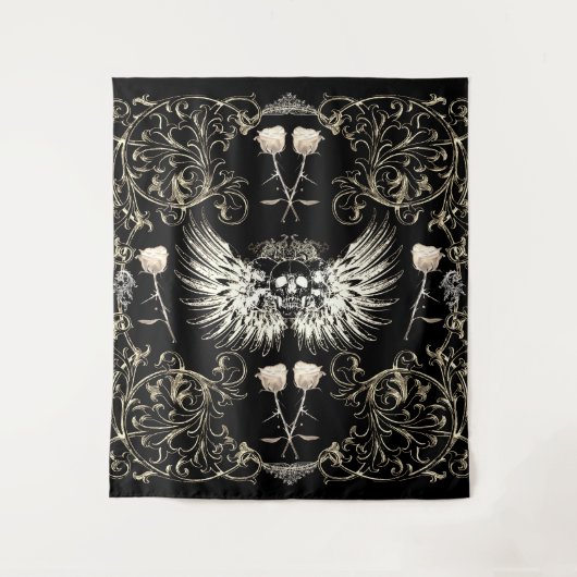 ゴシッビクトリアントロマンススカルウィングス&ホワイトローズ タペストリー (正面)
