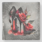ゴシッファッショニスタク赤の下のバラ付き文字 ストーンコースター (正面)