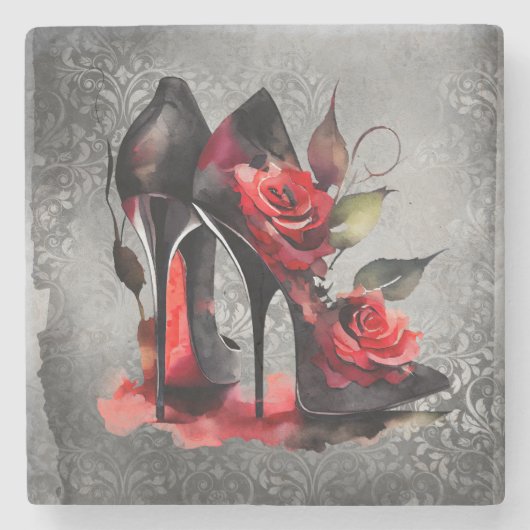 ゴシッファッショニスタク赤の下のバラ付き文字 ストーンコースター (正面)