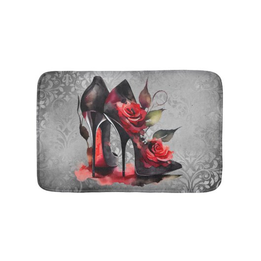 ゴシッファッショニスタク赤の下のバラ付き文字 バスマット (正面)