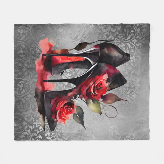ゴシッファッショニスタク赤の下のバラ付き文字 フリースブランケット (正面(横))