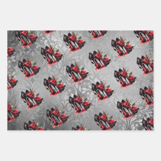 ゴシッファッショニスタク赤の下のバラ付き文字 ラッピングペーパーシート (正面3)