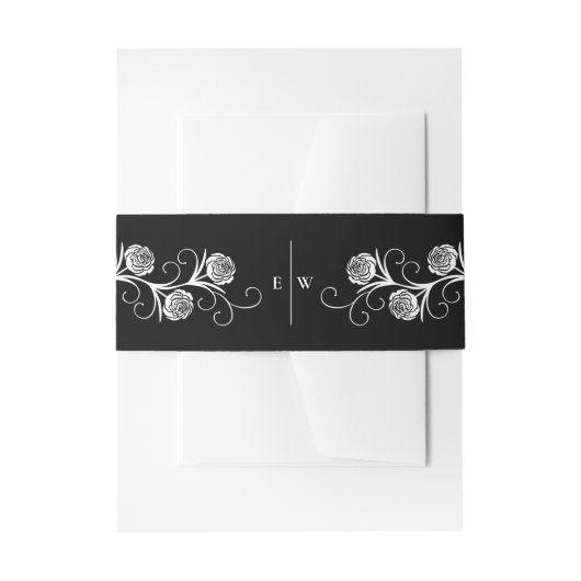 ゴシッモダンクバラ渦巻き黒と白結婚の 招待状ベリーバンド (正面例)