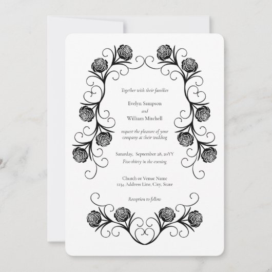 ゴシッモダンクバラ渦巻き黒と白結婚の 招待状 (正面)