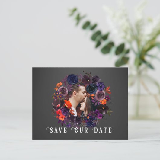 ゴシッモダンクフローラ写真結婚式の日付を保存 ポストカード (スタンド正面)