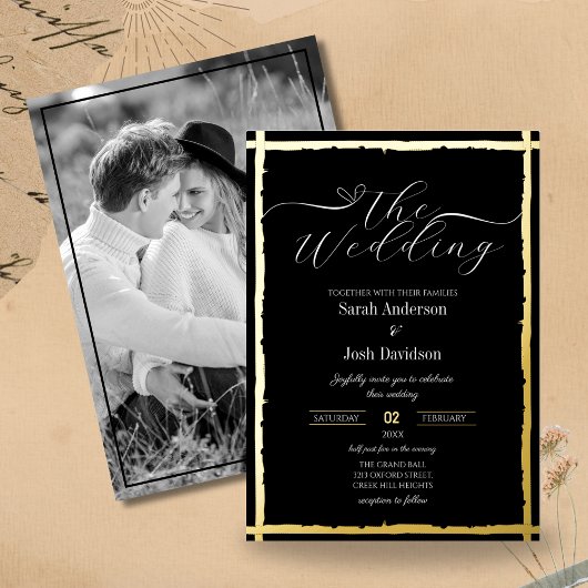 ゴシッモダンクブラックゴールデン結婚フォト 箔招待状