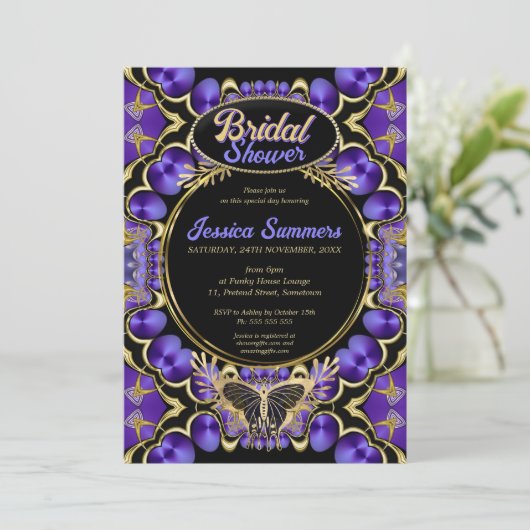 ゴシッユニーククグラムパープル金ゴールドブライダルシャワー 招待状 (スタンド正面)