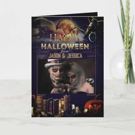 ゴシッ不気味クRavenフルムーンフォトハロウィーンカード サンキューカード (正面)