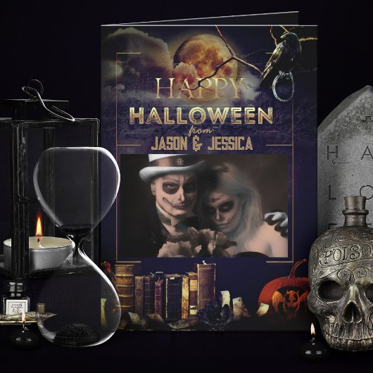 ゴシッ不気味クRavenフルムーンフォトハロウィーンカード サンキューカード