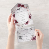 ゴシッ素朴クブラック&ブルゴーニュフローラQRコード オールインワン招待状 (貼ってはがせる)