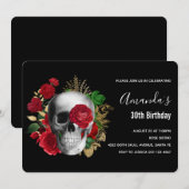 ゴス風のドクロと赤い花＆金の葉の誕生日 招待状 (正面/裏面)