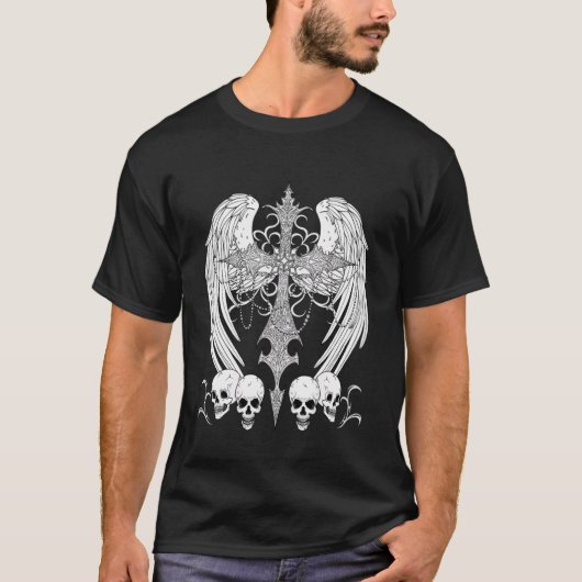 ゴス・クロス・ウイングス・アンド・スカルズ・グランジ・アルト・エモ Tシャツ (正面)