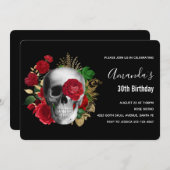 ゴス スカルと赤い花＆金の葉の誕生日 招待状 (正面/裏面)