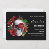 ゴス スカルと赤い花＆金の葉の誕生日 招待状 (正面)