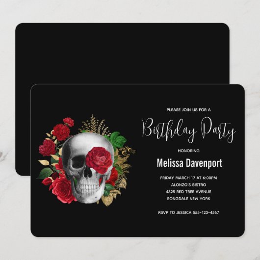 ゴス スカル レッドローズ 誕生日 招待状 (正面/裏面)