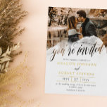 ゴッサマーオーバーレイ金箔フォトインフォーマル結婚ズ 箔招待状<br><div class="desc">水彩の透明なスプラッシュを超えて美しい書道の招待されましたとインフォーマルな写真の飾結婚式招待状。結婚式の招待の後ろに別の写真を追加する。美しい写真結婚式招待状あなたの名前を金ゴールドフォイルで。</div>