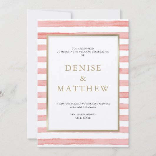 ゴッサマー ピンクの水彩ストライプとゴールドの文字 招待状 (正面)