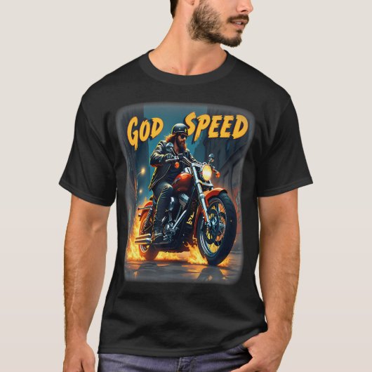 ゴッドスピードイエスバイクもしくは自転車に乗る人クリスチャンオートバイ信仰テ Tシャツ (正面)