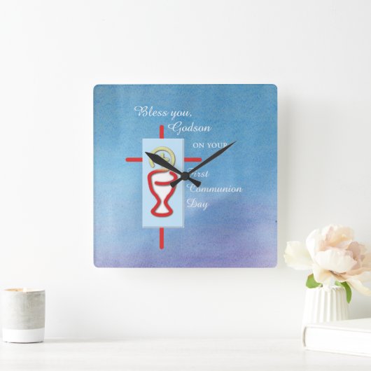 ゴッドソン第一聖体拝領青 スクエア壁時計 (ホーム)