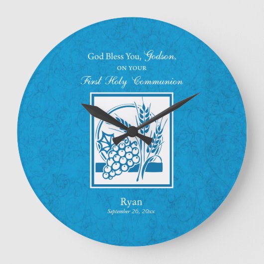 ゴッドソン・ファースト・コミュニオン、小麦、ブドウ・ブルー ラージ壁時計 (正面)