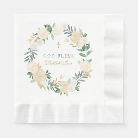 ゴッドブレスグリーン金ゴールドフローラリースガールバプテスマ 縁ありランチョンナプキン (正面)