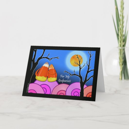 ゴッド保護者のためのハロウィーン、キャンディーコーンカップル カード (正面)