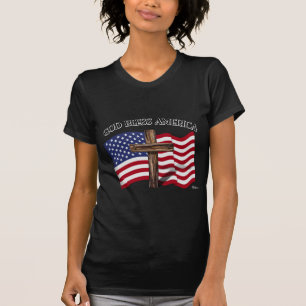 ゴッド・クロス&アメリカ国旗を持つアメリカを祝福 Tシャツ