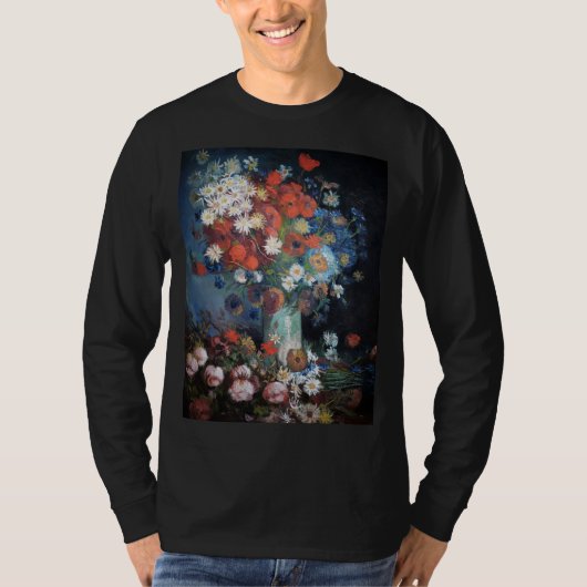 ゴッホによるカーネーションとバラの花瓶 Tシャツ (正面)