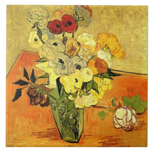 ゴッホの作品、日本の花瓶とバラ タイル (正面)