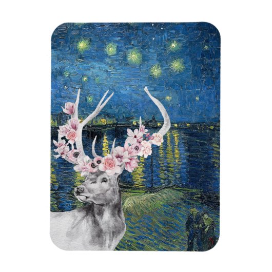 ゴッホの星月夜と花の鹿のコンパイル マグネット (縦)