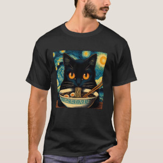ゴッホの星空とラーメンを食べる猫 ネコ好き Tシャツ