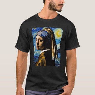 ゴッホの星空と真珠の耳飾りの少女 Tシャツ