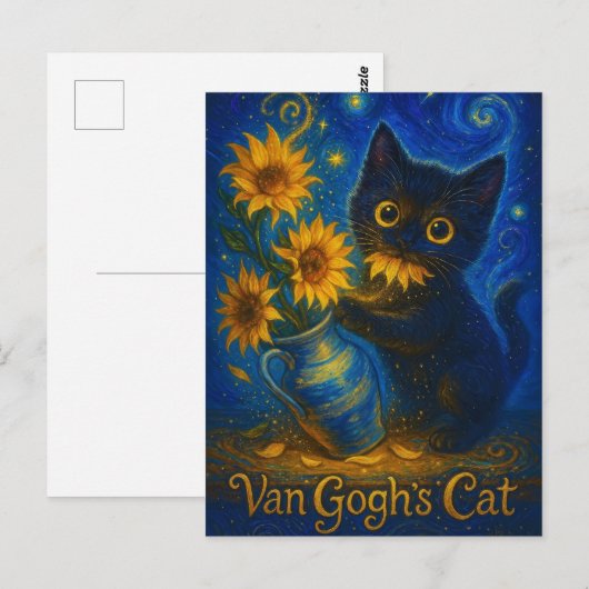 ゴッホの星空にひまわりと黒猫 ポストカード (正面/裏面)