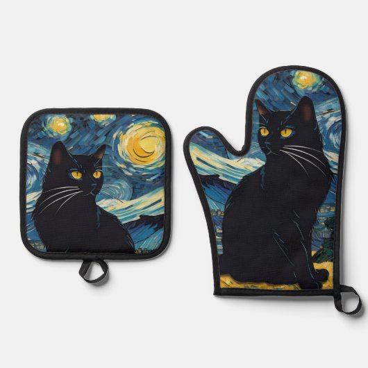 ゴッホの星空に黒猫を配したラグジュアリーキッチン 鍋つかみ&鍋敷きセット (正面)