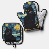 ゴッホの星空に黒猫を配したラグジュアリーキッチン 鍋つかみ&鍋敷きセット (正面/裏面)