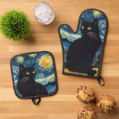ゴッホの星空に黒猫を配したラグジュアリーキッチン 鍋つかみ&鍋敷きセット (トップダウン)